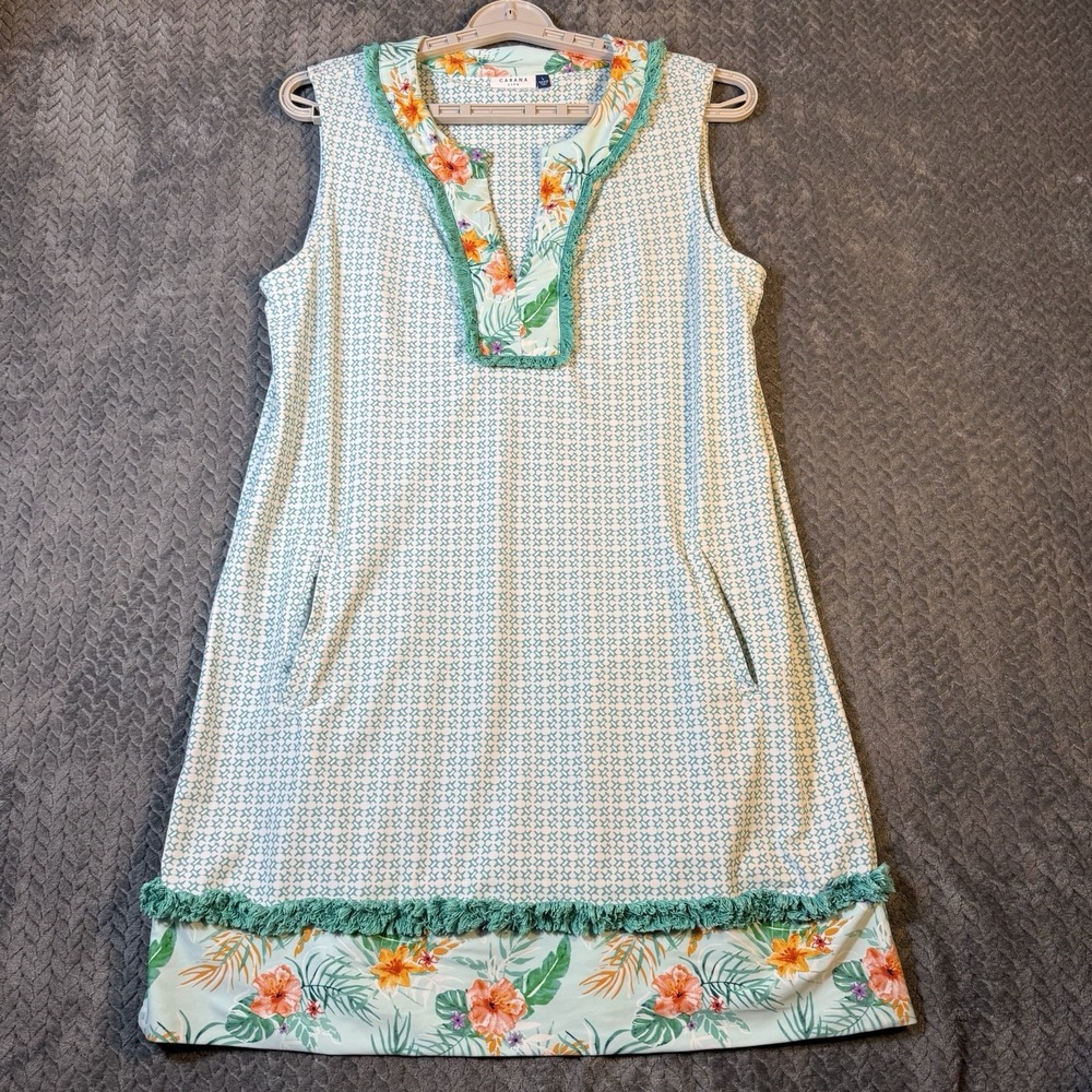 Cabana Life Women Sleeveless Tunic Dress Large Aqua Floral Beach Resort Pockets - Picture 3 of 9